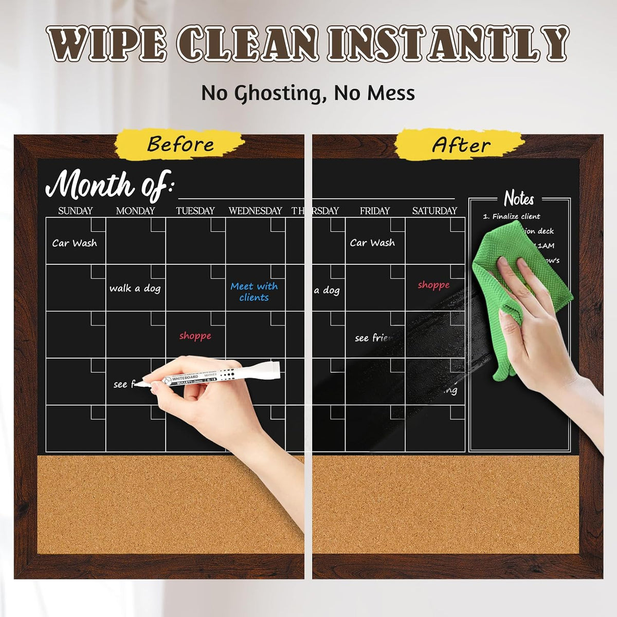 4 THOUGHT Chalkboard Calendar Corkboard Combo 36" x 24", Rustic Brown