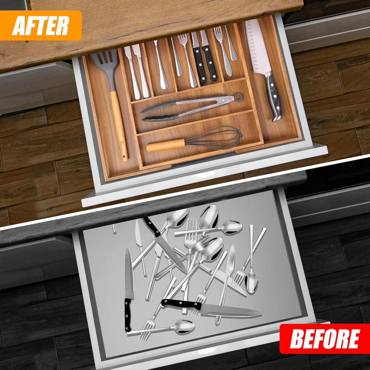 Bellsal Acacia Silverware Organizer Kitchen Drawer Organizer Expandable Bamboo Utensil Holder Cutlery Tray for Kitchen Utensil and Flatware Bedroom Office