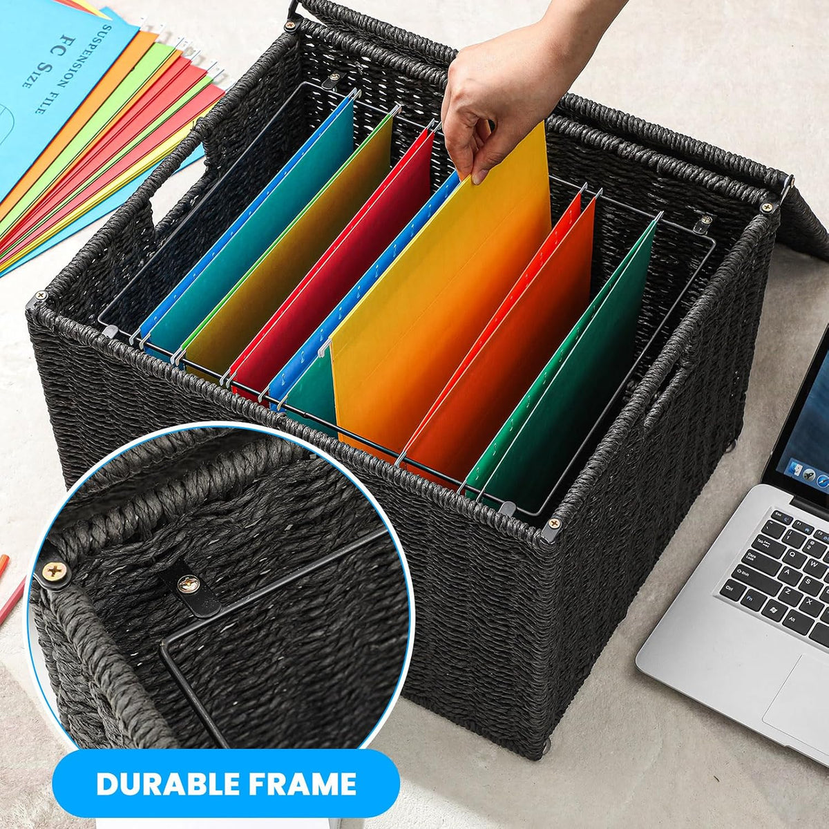 Cinnvoice Decorative File Box, Letter Legal Size, Black, Paper Rope