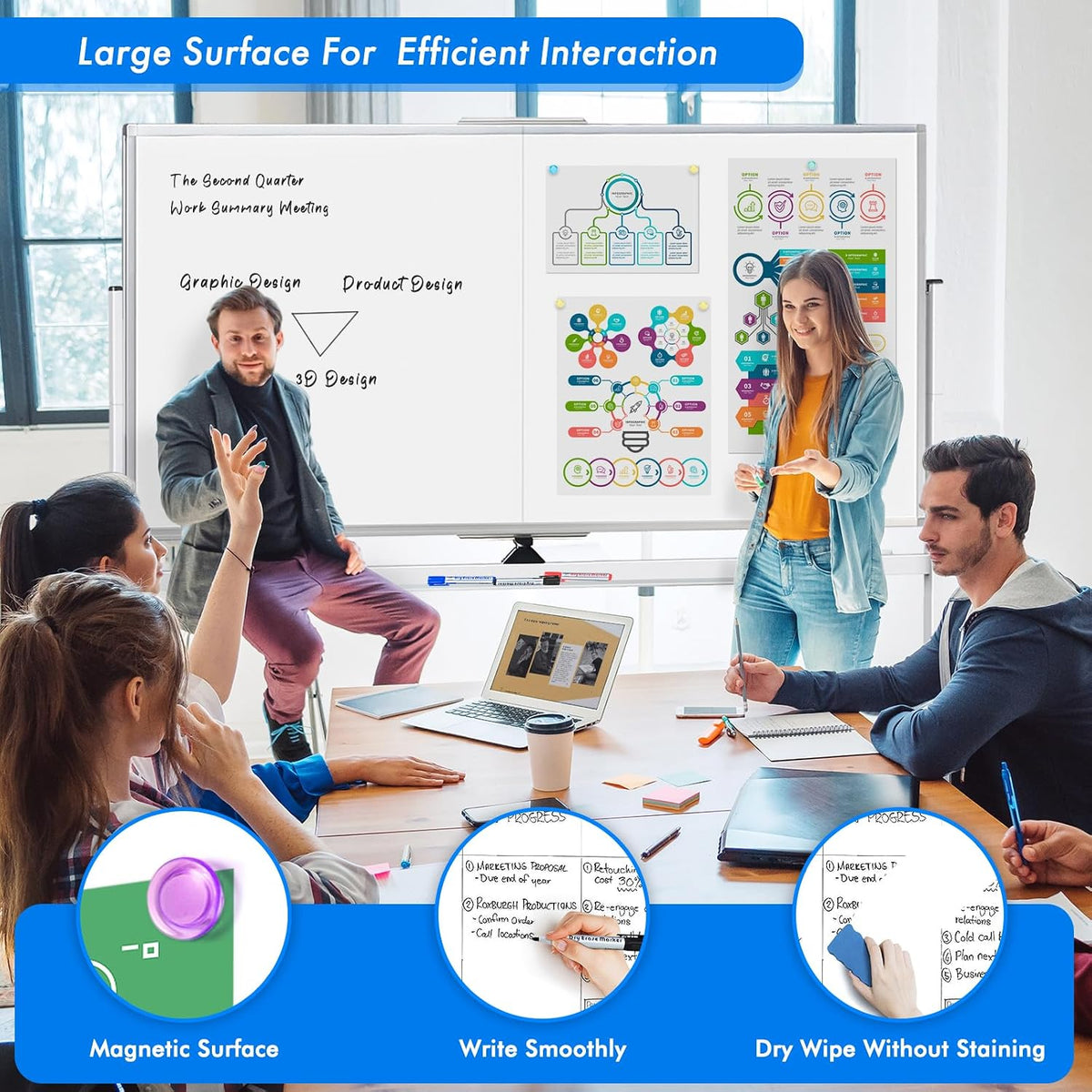 Maxtek Rolling Whiteboard 72 x 40 in, Large Double-Sided Magnetic Standing