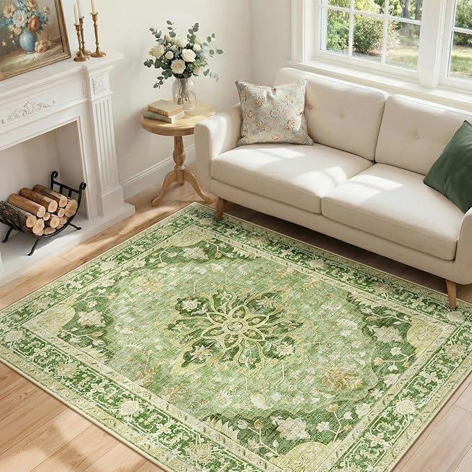 RELEANY Area Rugs 4'x5' Washable Non-Slip, Floral Vintage Distress Medallion