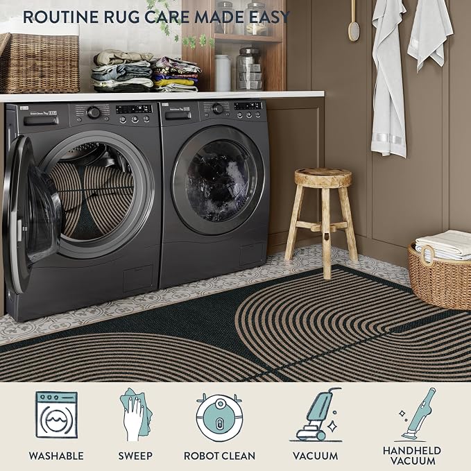 Lahome Enfys Modern Rainbow Easy Jute Outdoor Patio Rug, 3x5 Black Washable Rugs