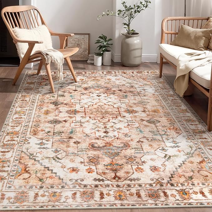 SERISSA 4x6 Boho Bedroom Rug, Washable Non Slip Vintage Peach Cream Area Rugs