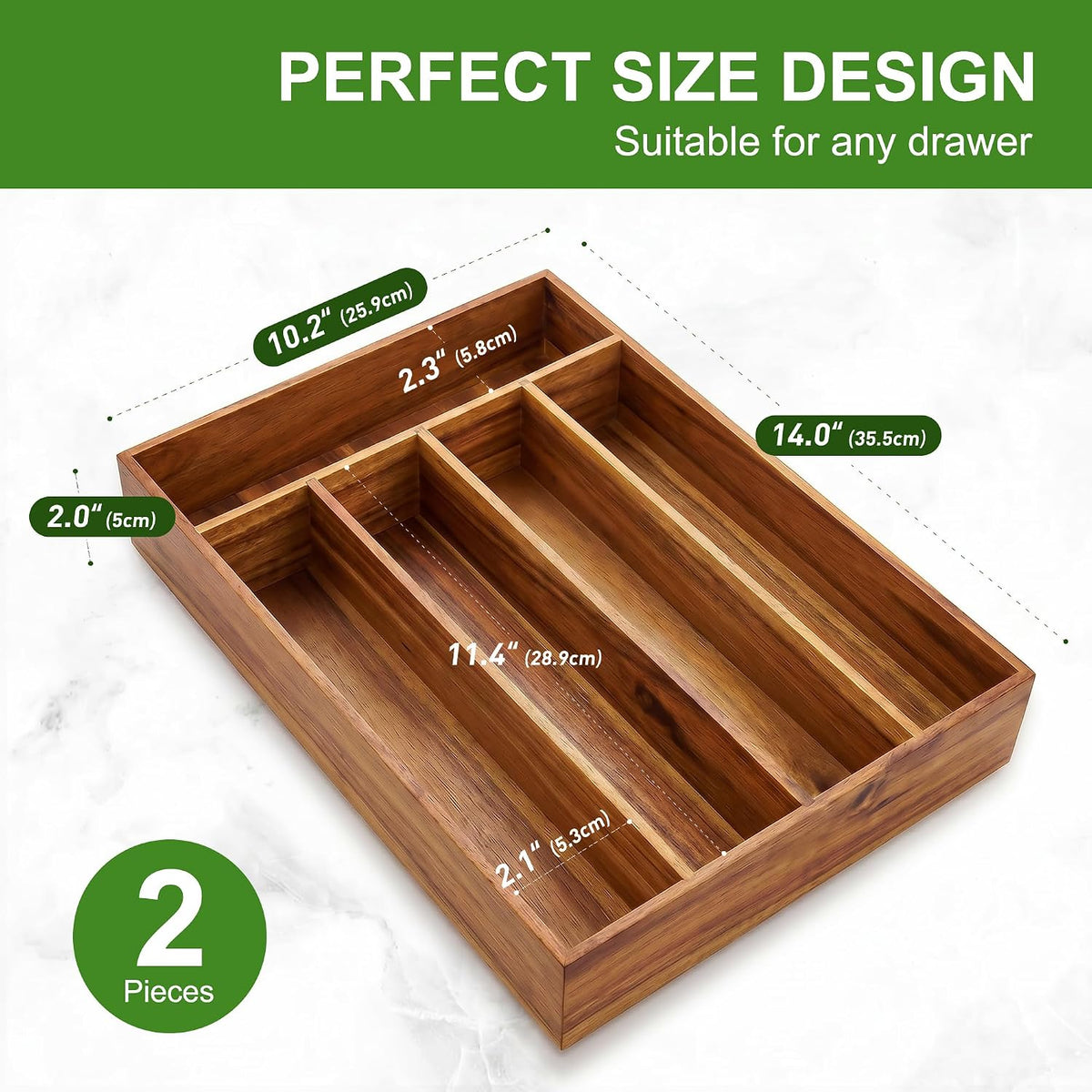 Greenual Acacia Wood Silverware Organizer 10 In Utensil Organizer Silverware Tray for Drawer Cutlery Flatware Organizer for Kitchen 2 Pack