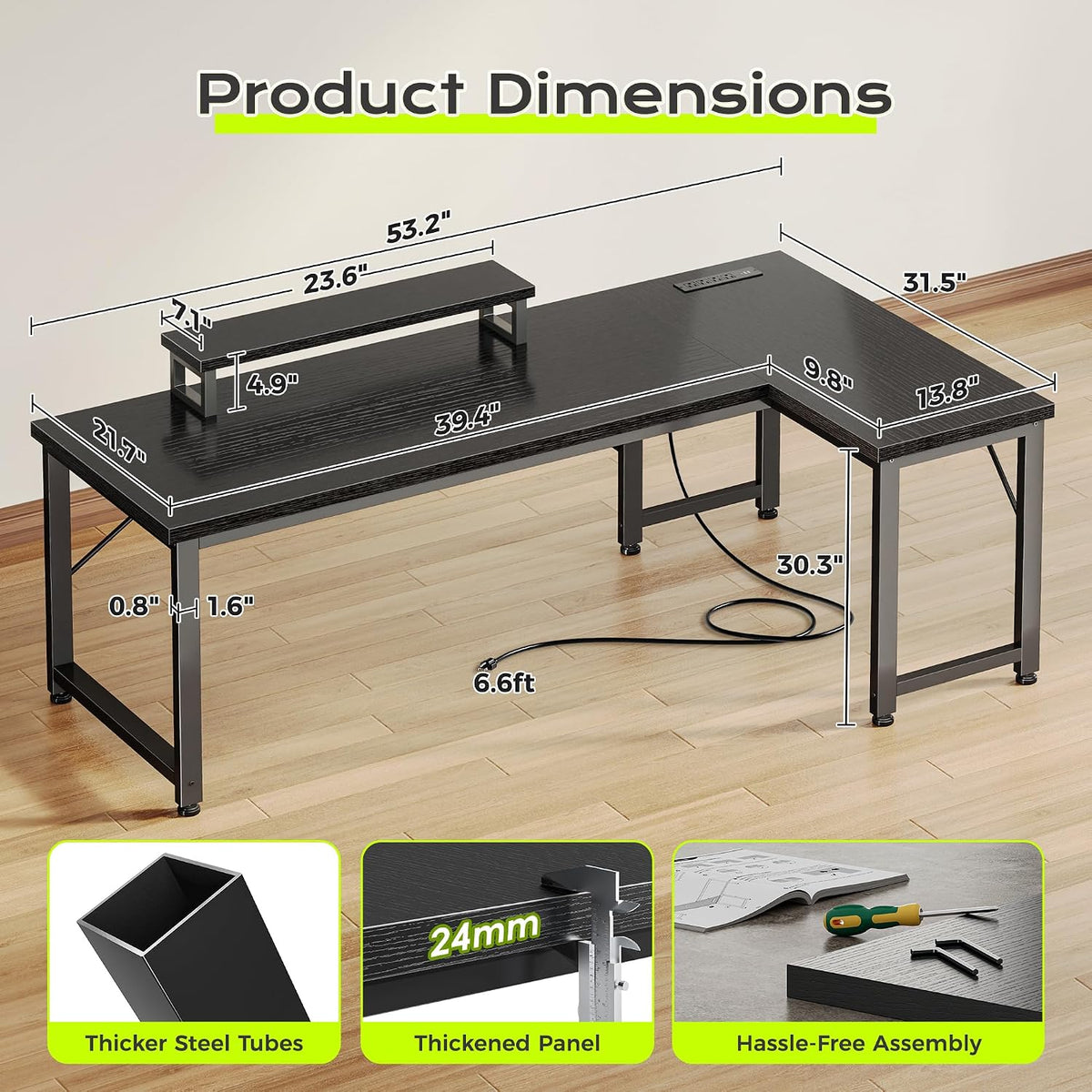 PRAISUN 53" L Shaped Computer Desk, Power Outlets, Monitor Stand, Black
