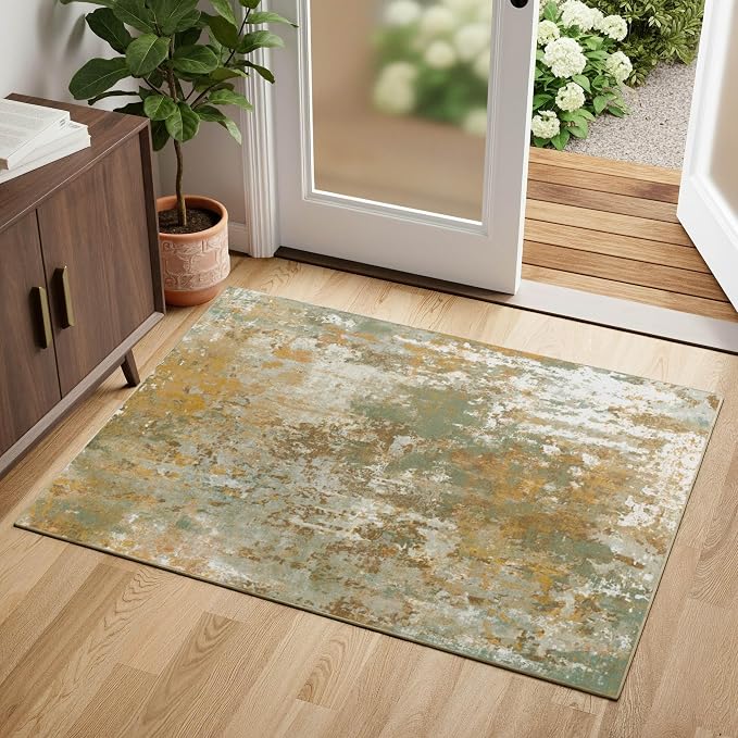 Entryway Rug 2x3 Green Door Mat Indoor Entrance 24x36, Washable Small Throw Rugs