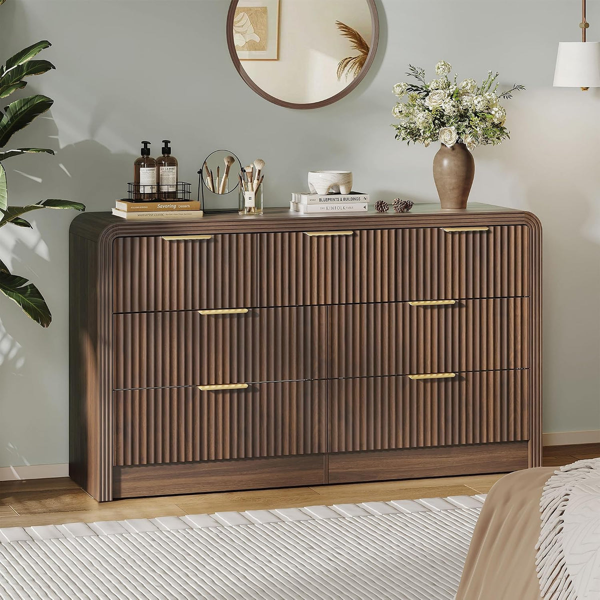 Decofy 55" W Fluted 7-Drawer Dresser for Bedroom, Walnut