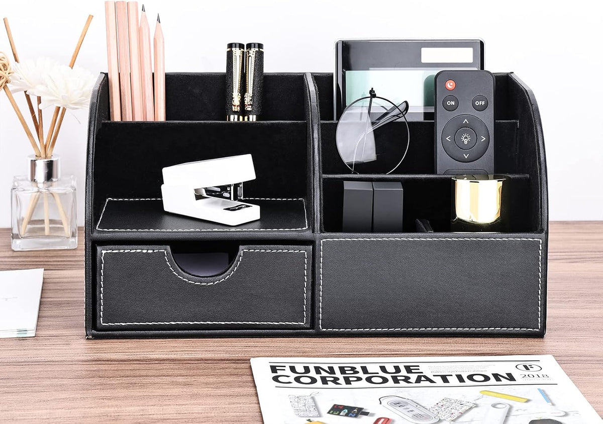KINGFOM Pu Leather Desk Organizer Pen Pencil Holder Office Supplies Caddy Storage Box 6 Compartments with Drawer Black