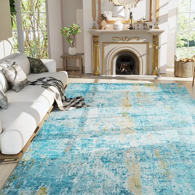 Ompaa Living Room Rug 8x10 Teal Blue Area Rugs Machine Washable Abstract Boho