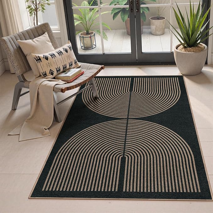 Lahome Enfys Modern Rainbow Easy Jute Outdoor Patio Rug, 3x5 Black Washable Rugs