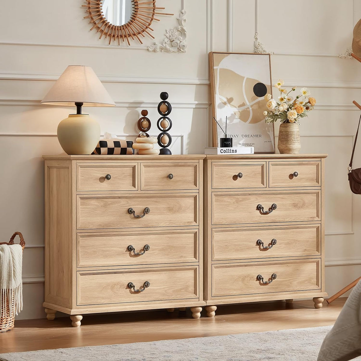 Joaxswe Farmhouse 5 Drawer Dresser for Bedroom, 35" Tall Rustic Chests of Drawers w/ 4 Solid Wood Feet, Mid Century Modern Wooden Closet Storage Dressers Organizer for Living Room, Hallway,Natural