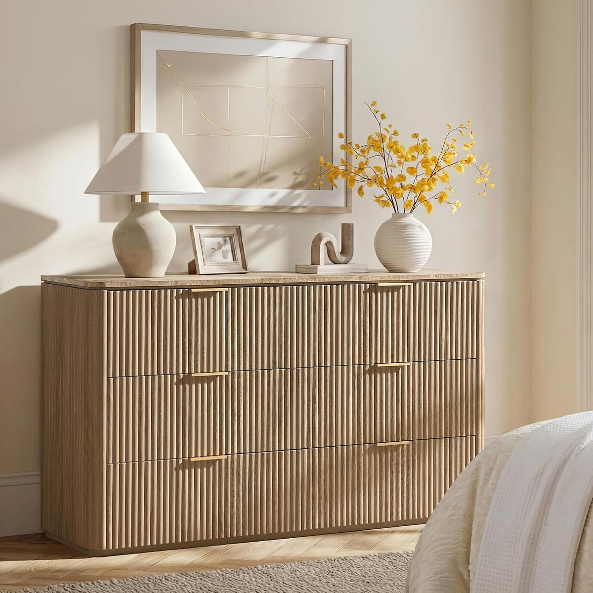 54"W Fluted 6 Drawer Bedroom Dresser, with Faux Marble Top,Natural Oak