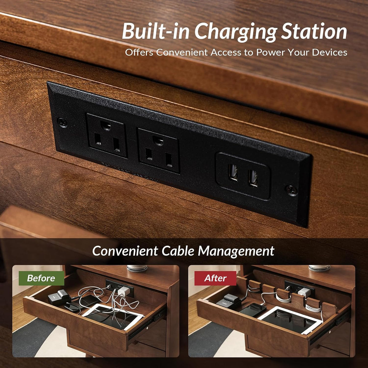 HULALA HOME 2-Drawer End Table with Charge Station, Walnut