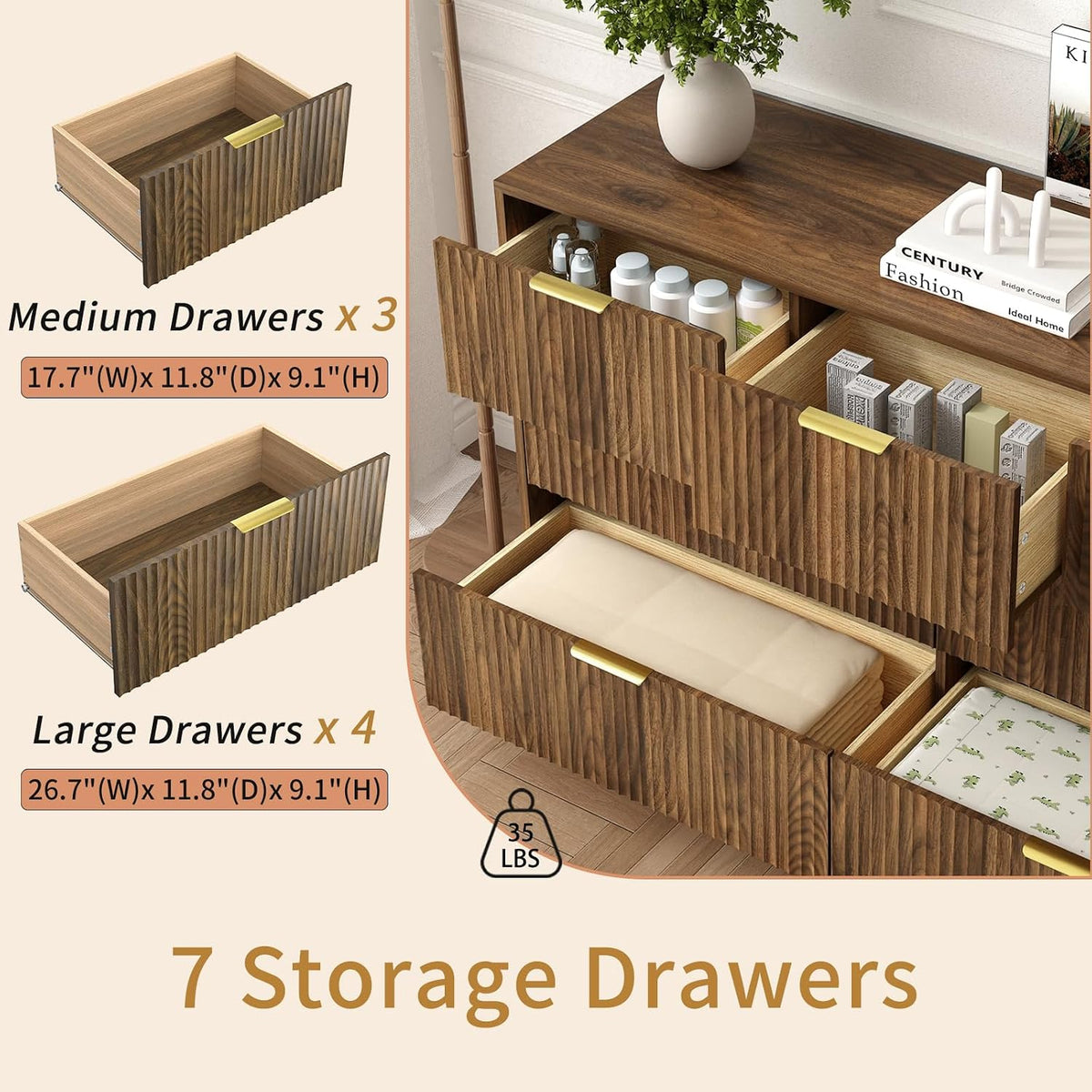 7 Drawer Fluted Dresser with Deep Drawers for Bedroom, Walnut丨55 Wide Mid Century Dresser, Modern Chest of Drawers, Wood TV Stand Storage Organizer for Closet, Living Room, Hallway