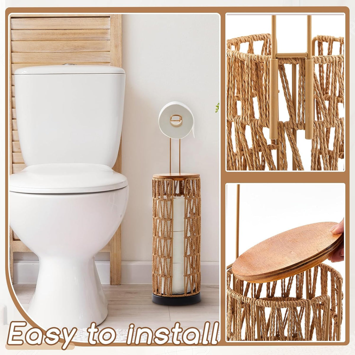 Geiserailie 2 Pcs Wicker Toilet Paper Holder and Wicker Waste Basket Set Boho Woven Toilet Paper Storage with Lid Rattan Bathroom Trash Can for Bedroom, Bathroom, Kitchen, Office, Balcony