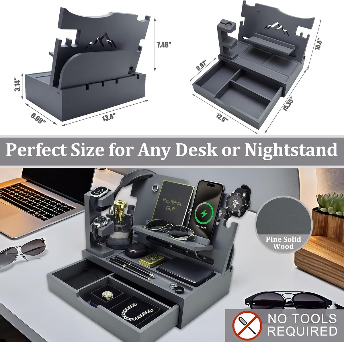 Nightstand Organizer for Men with Large Drawer Gift for Men, Grey