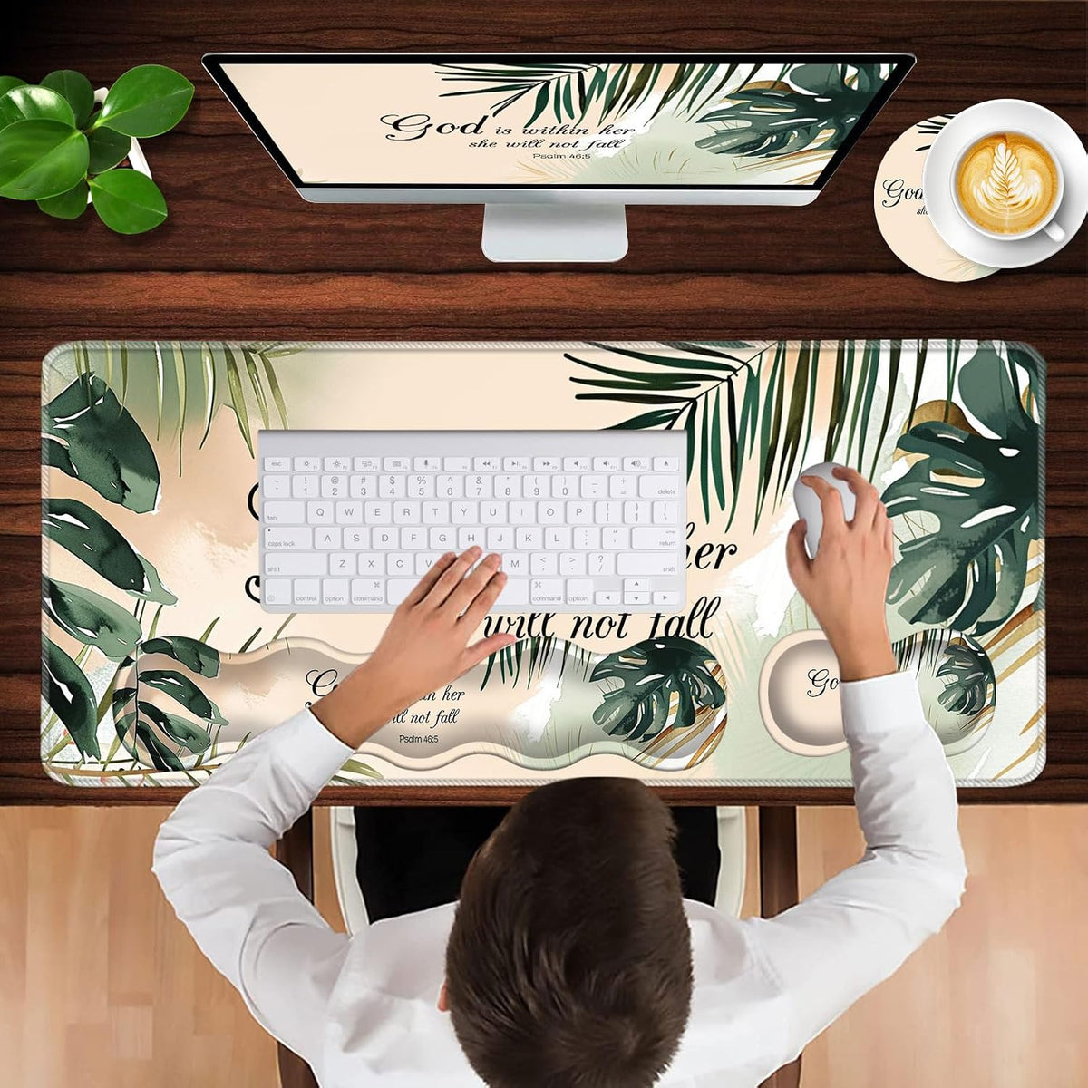Keyboard Wrist Rest and Mouse Pad with Wrist Support Set Ergonomic Coaster,Memory Foam,Easy Typing Pain Relief,Large XL Desk Mat 31.5"x 11.8",Matcha Green Plant Abstract Bible Verse Psalm 46-5