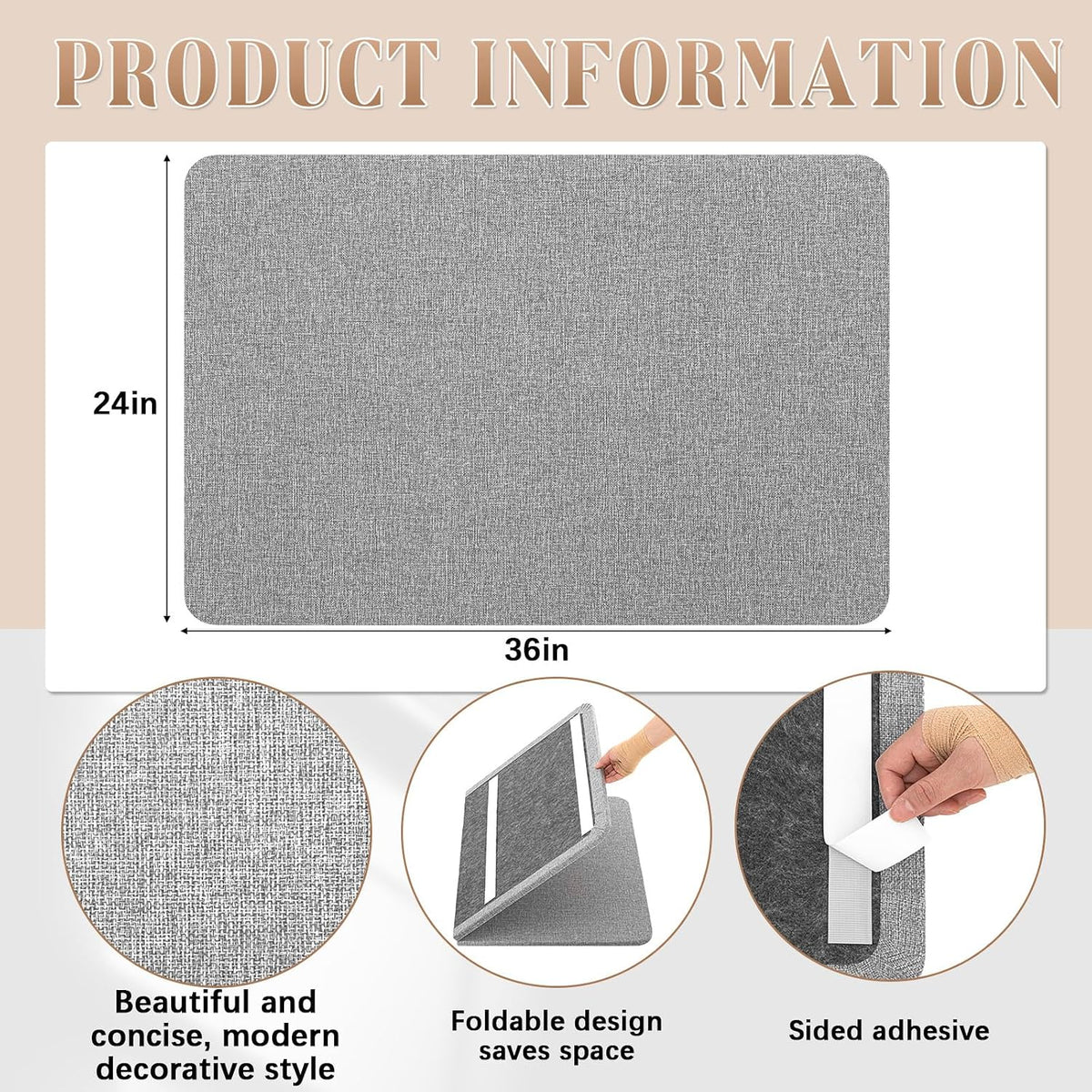 Hahafelt Linen Fabric Bulletin Board Pinboard, 36"x24", Grey