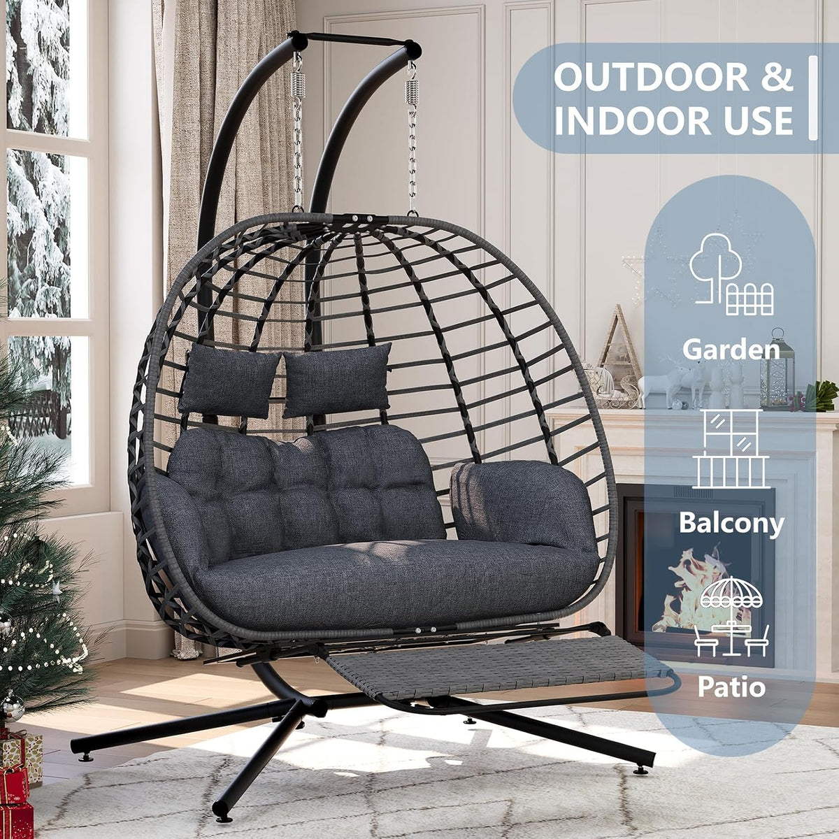 SWITTE Double Egg Chair Outdoor with Stand & Footrest, Patio Swing, Gray