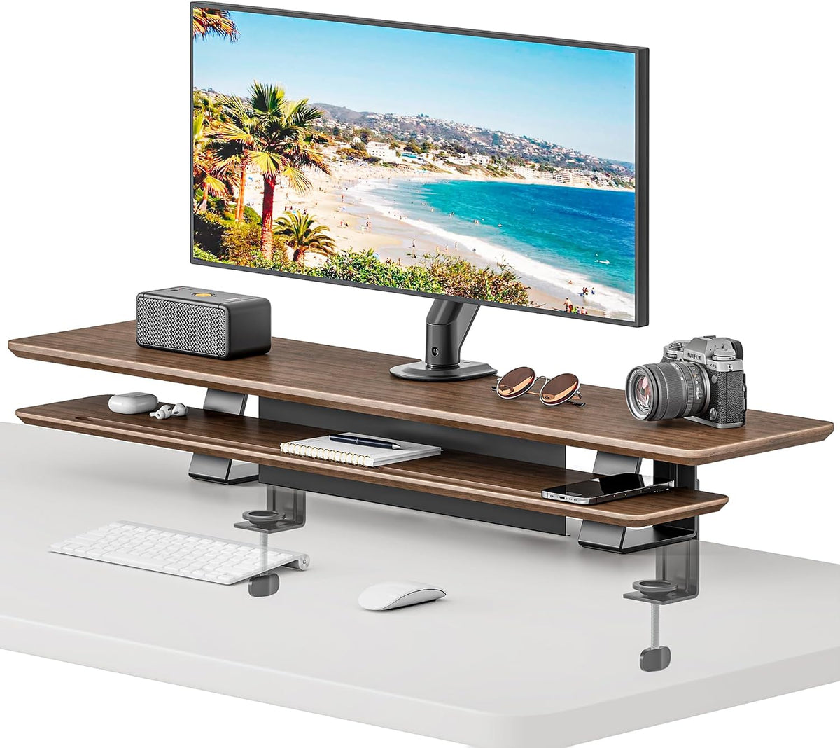 Dual Clamp-On Wooden Monitor Stand, 41.7" 2-Tier Desk Riser Organizer