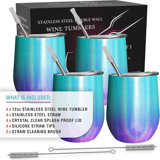 CHILLOUT LIFE 12 oz Stainless Steel Wine Tumblers 4 Pack