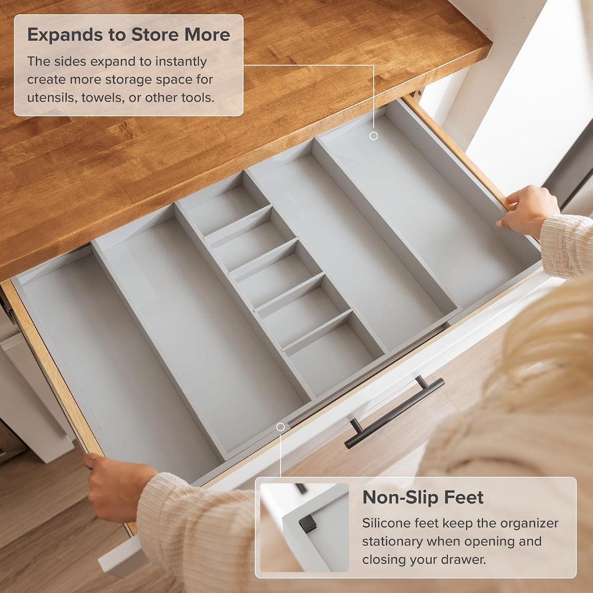 KitchenEdge Utensil & Junk Drawer Organizer, 19-33 in, Gray Bamboo