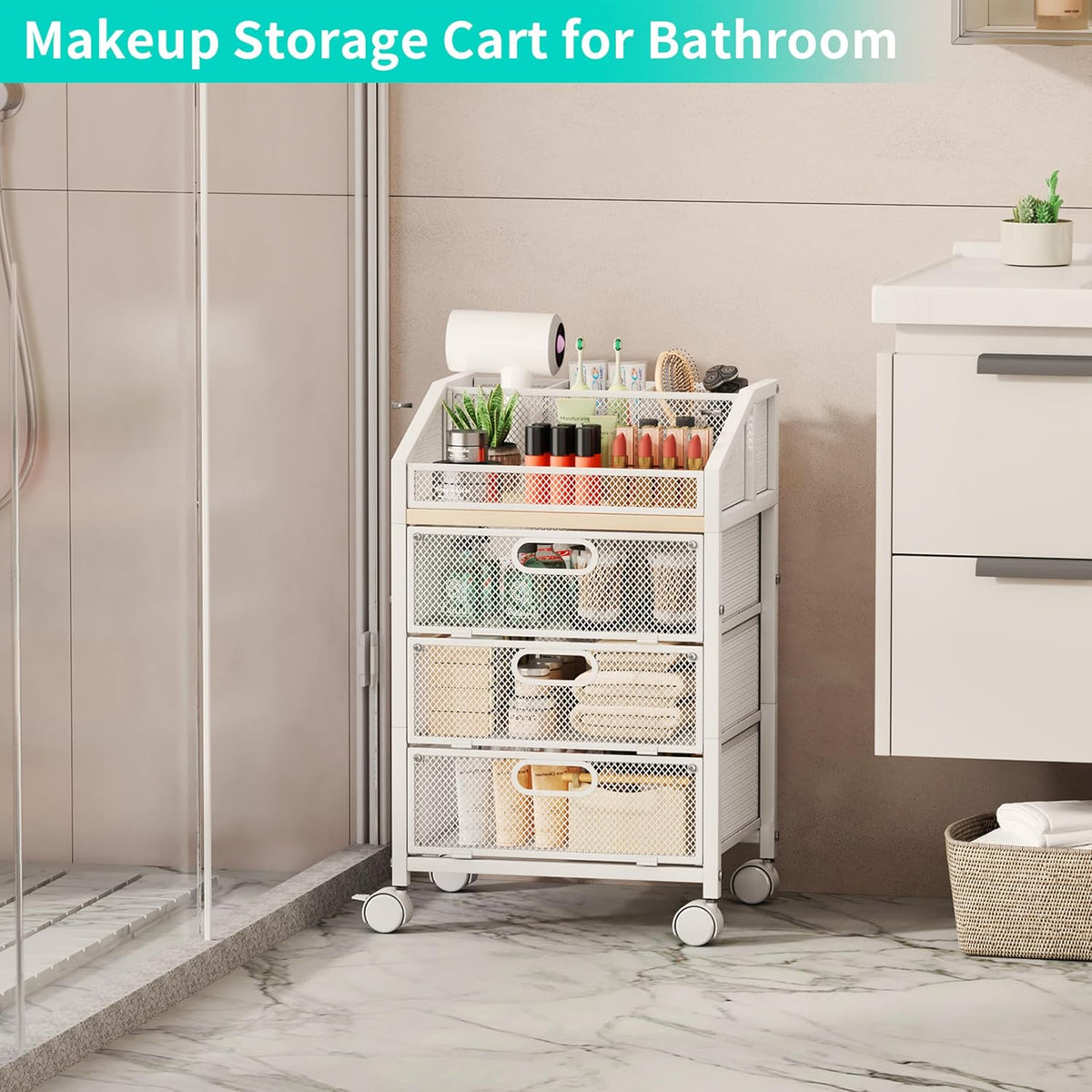 HapiRm Rolling Makeup Cart Organizer - Under Desk Makeup Storage with Wheels, Floor Make up Cart Skincare Organizers Desk Vanity Storage Organizer Cabinet for Cosmetics Makeup Brush Hair Tool, White