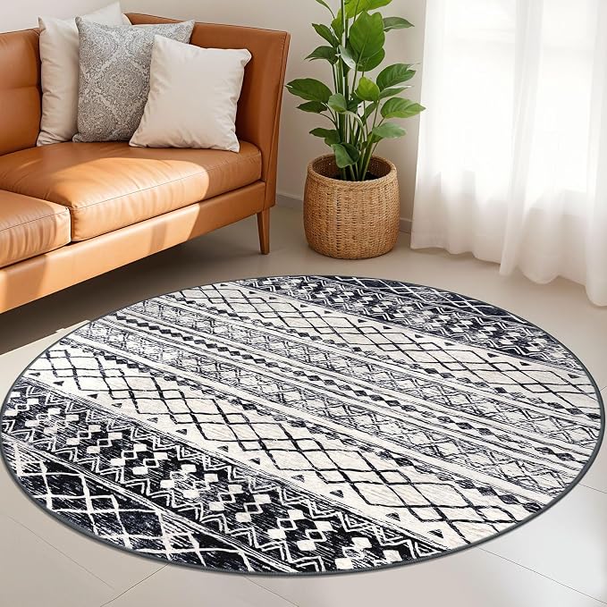 KUTA Washable Rugs Round 5Ft Black Navy Blue Boho Area Rug