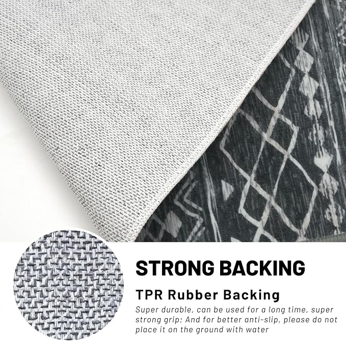KUTA 2x6 Washable Runner Rug Non-Slip, Dark Grey Beige Moroccan Boho Rug Runner