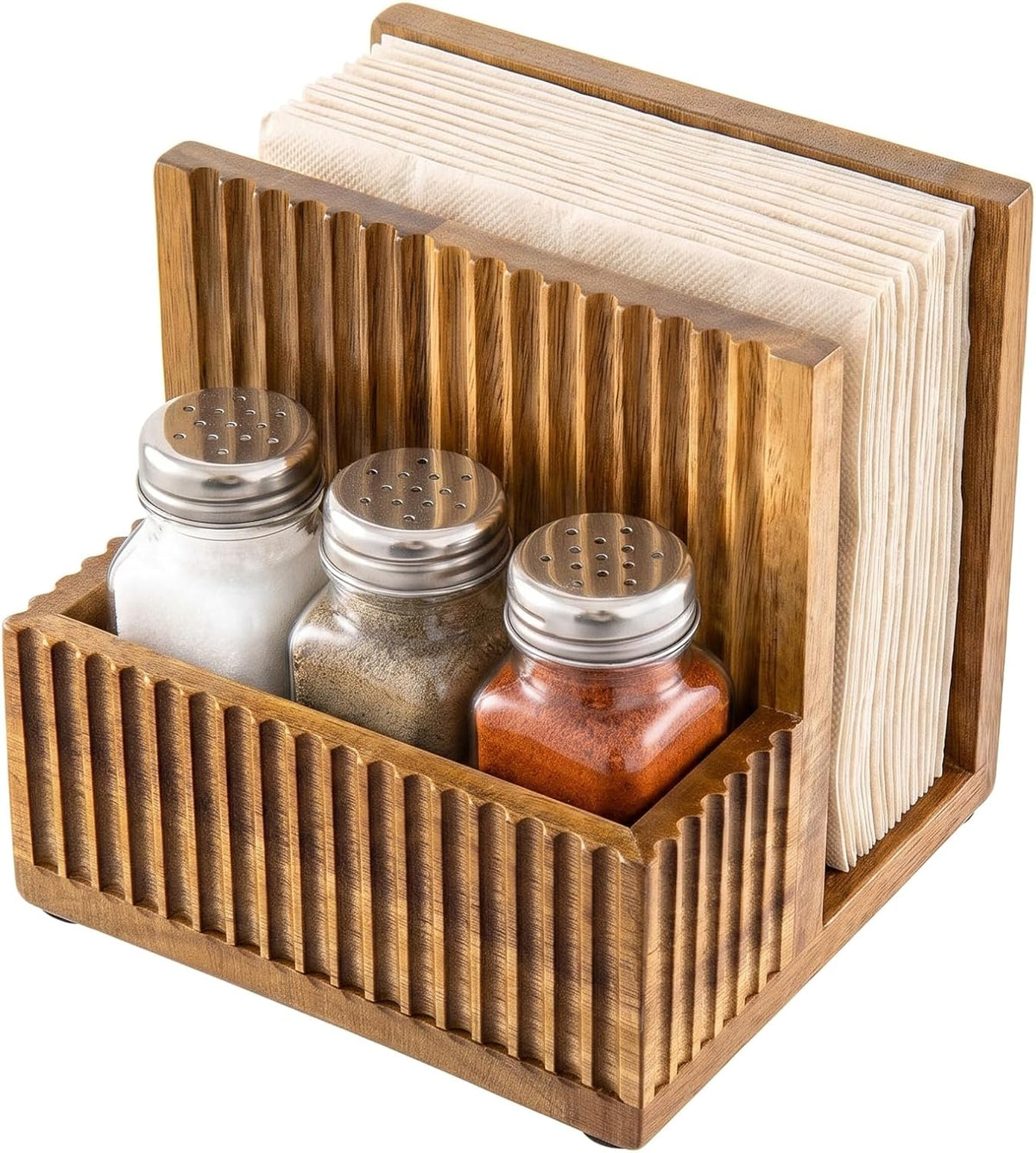 MyGift 4-Piece Fluted Acacia Wood Dining Table Organizer Set – Napkin Holder, Salt and Pepper Shakers and Condiment Caddy, Rustic Kitchen Table Decor