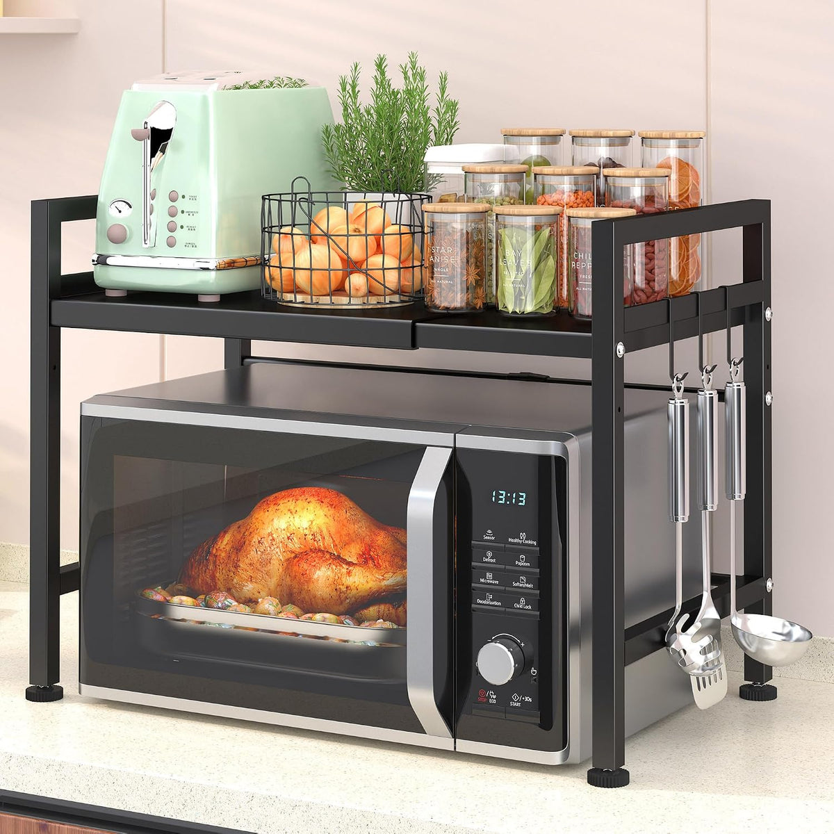 PUSDON Expandable Microwave Oven Rack, 2-Tier Countertop Baker's Rack Style Shelf, Heavy Duty Carbon Steel Stand with 3 Hooks, 160lbs Weight Capacity for Kitchen Organization, Matte Black