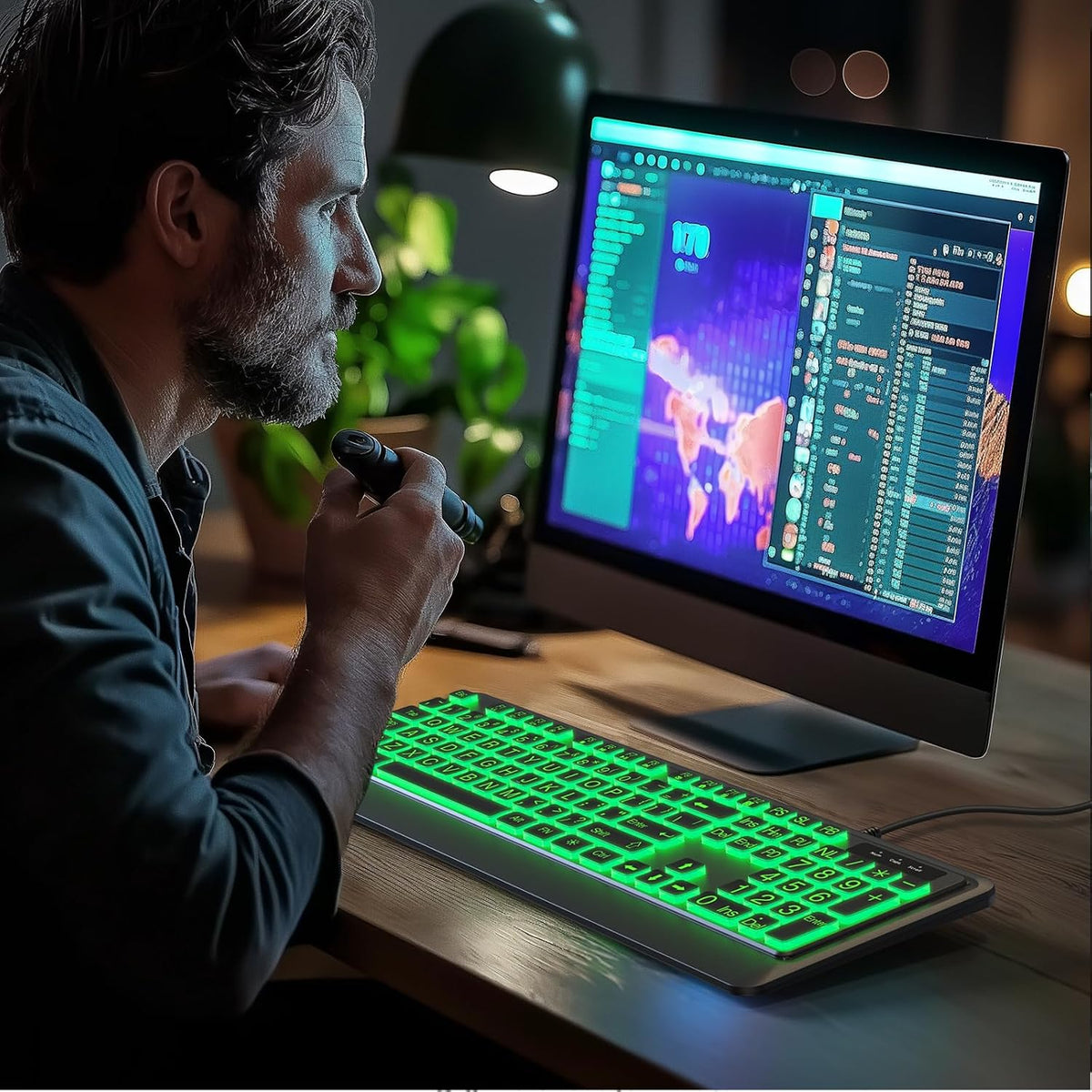 Luzarriba Large Print Backlit Computer Keyboards, 7 Colors Backlight USB Keyboard, Plug-and-Play, Foldable Stands, Corded Full Size Keyboard for Windows, PC, Laptop (Black, Large)