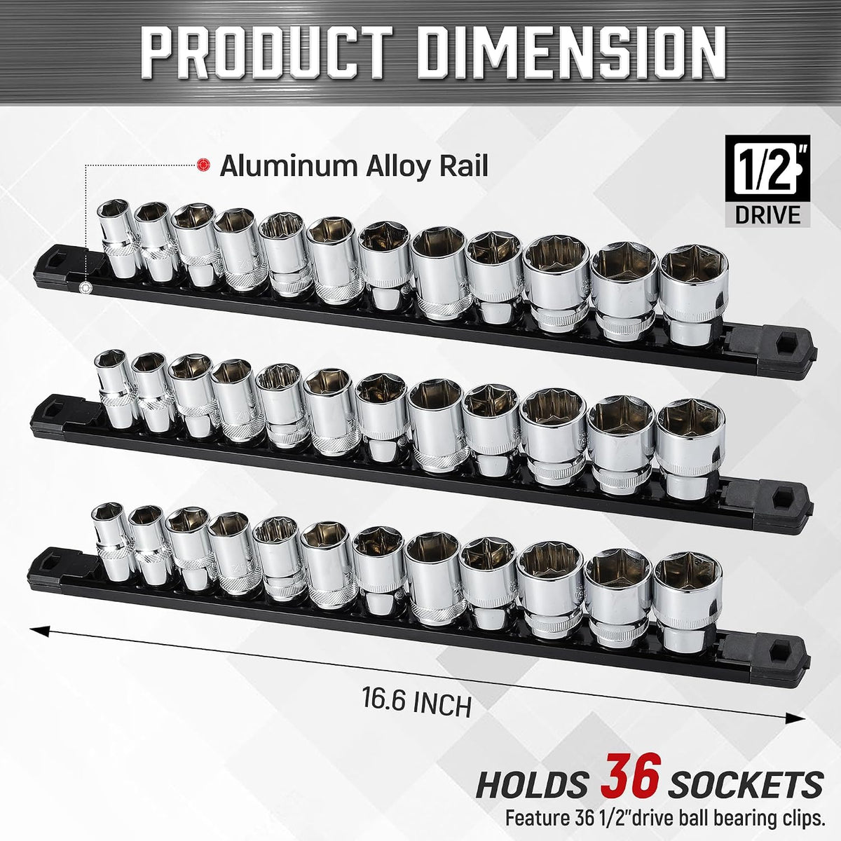 ALOANES Magnetic Socket Organizer, 1/2" Rail 36 Clips (Black, 3PC)