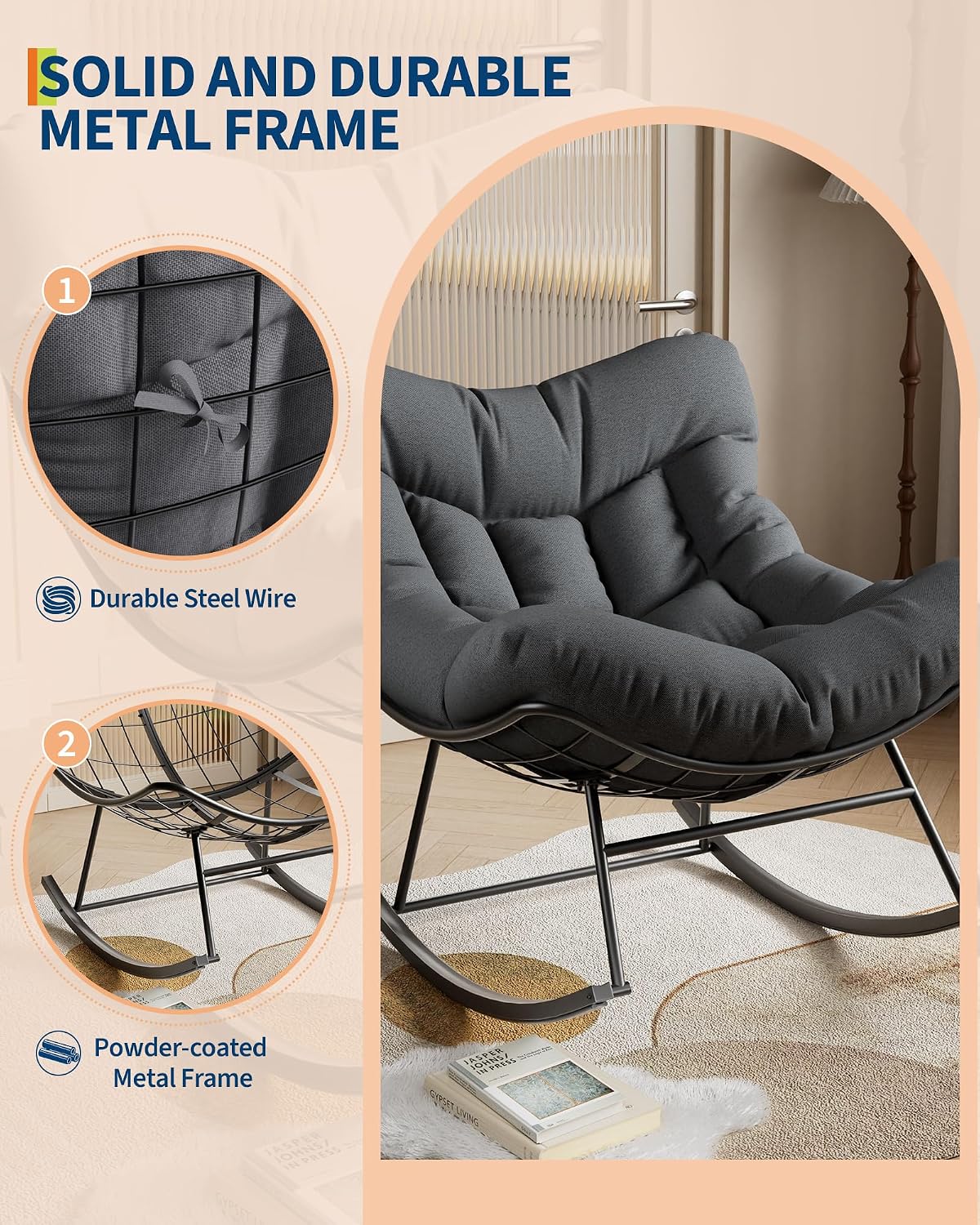 GarveeLife Outdoor Papasan Rocking Chair for Balcony Backyard Porch Bedroom