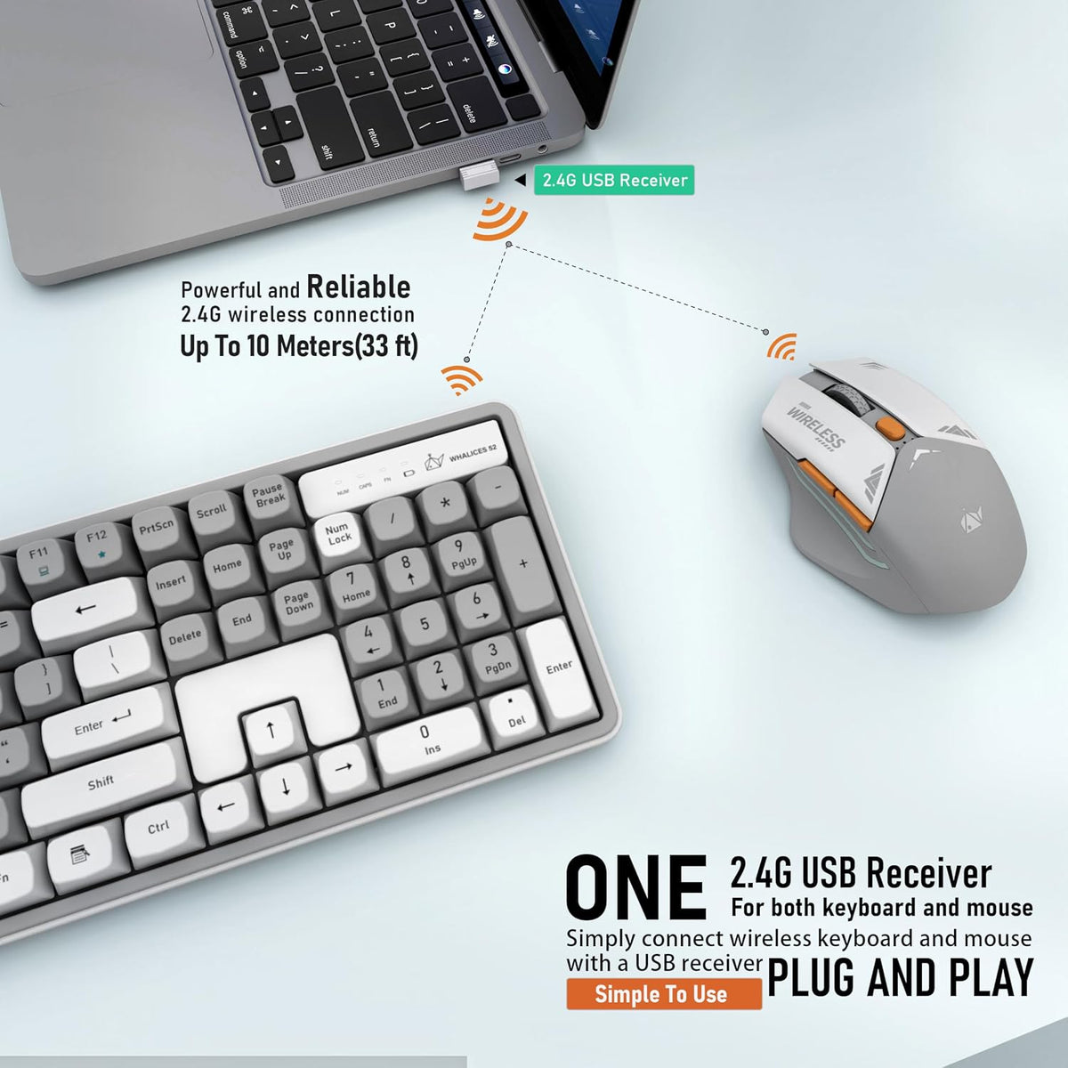 Rechargeable Wireless Keyboard and Mouse Combo, Full-Size - White-Gray