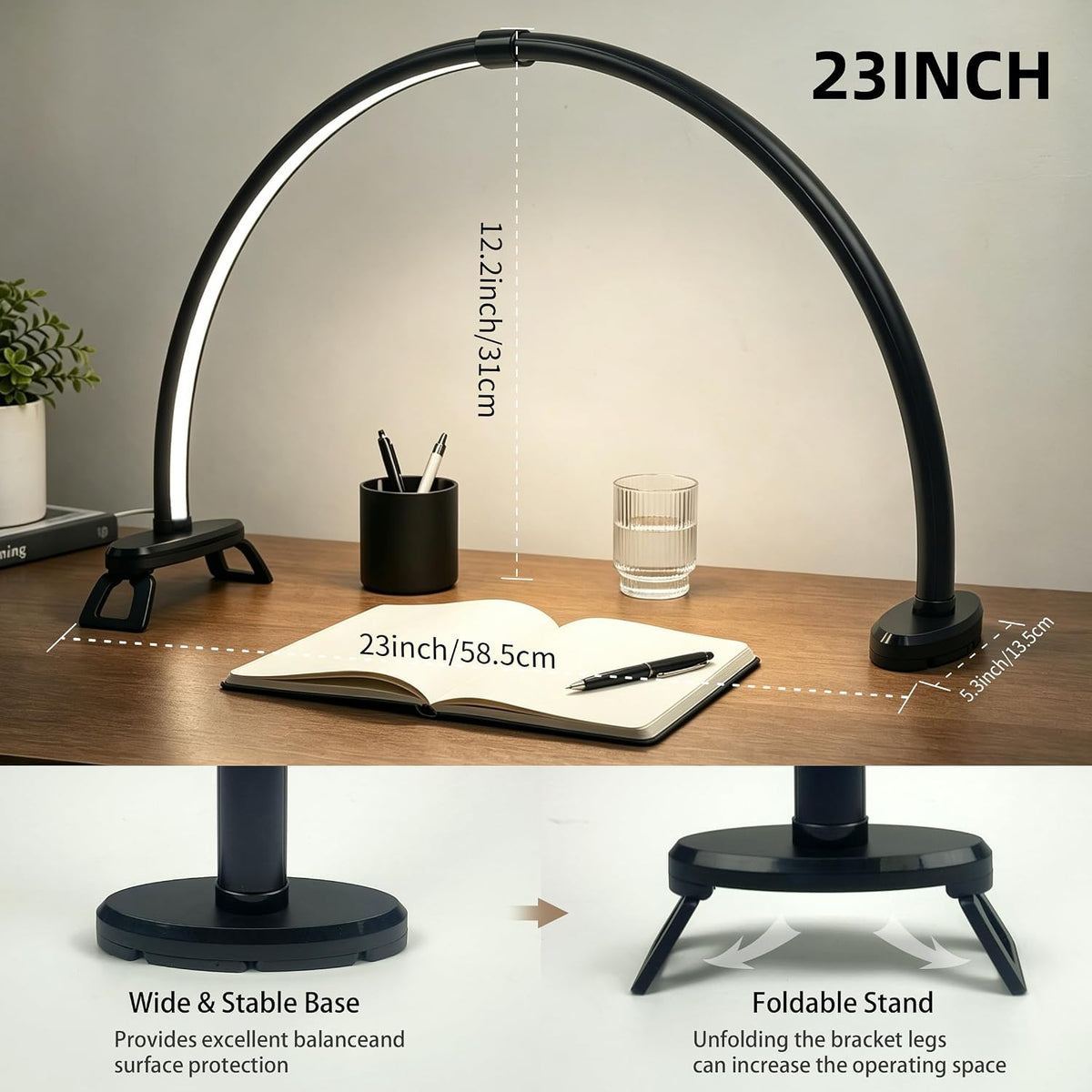 Half Moon Light for Nail Desk,23 Inch Detachable Foldable LED Nail Desk Lamp,3 Modes Color Temperature,0%-100% Stepless Dimming,180°Shadowless Lighting for Nail Art,Eyelash, Makeup,Tattoo(Black)