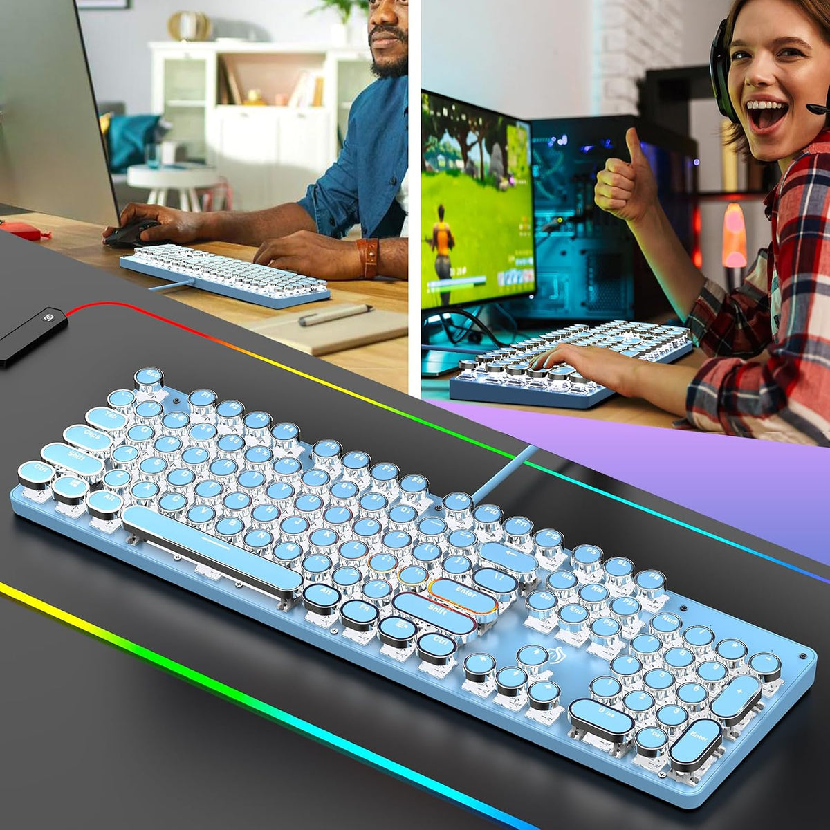 Typewriter Mechanical Gaming Keyboard with White Light Backlit Red Switches, 104 Keys Retro Round Keycap, Wired Typewriter Style Comfortable Typing Soud (Blue)