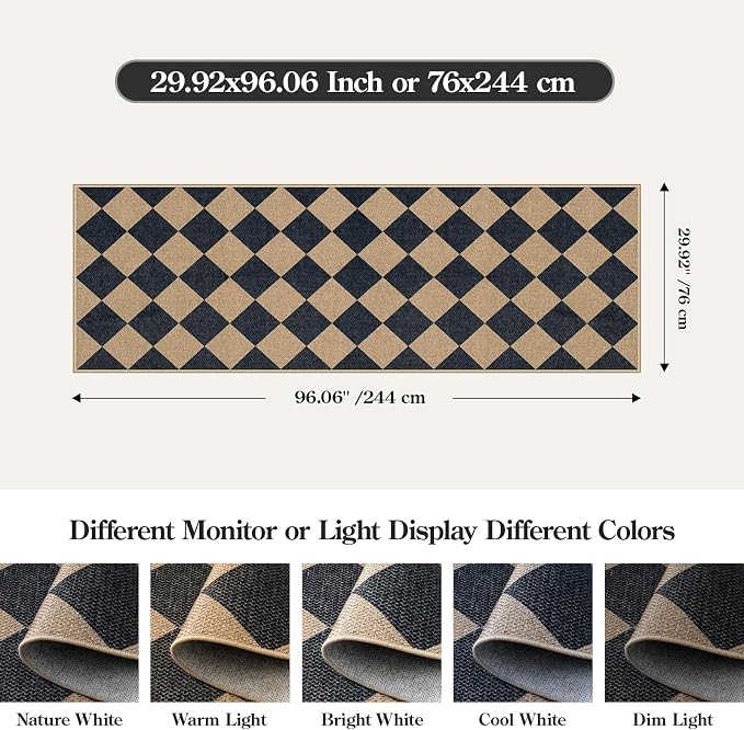 Lahome Checkered Easy Jute Non Slip Kitchen Runner, Checkerboard Indoor Outdoor
