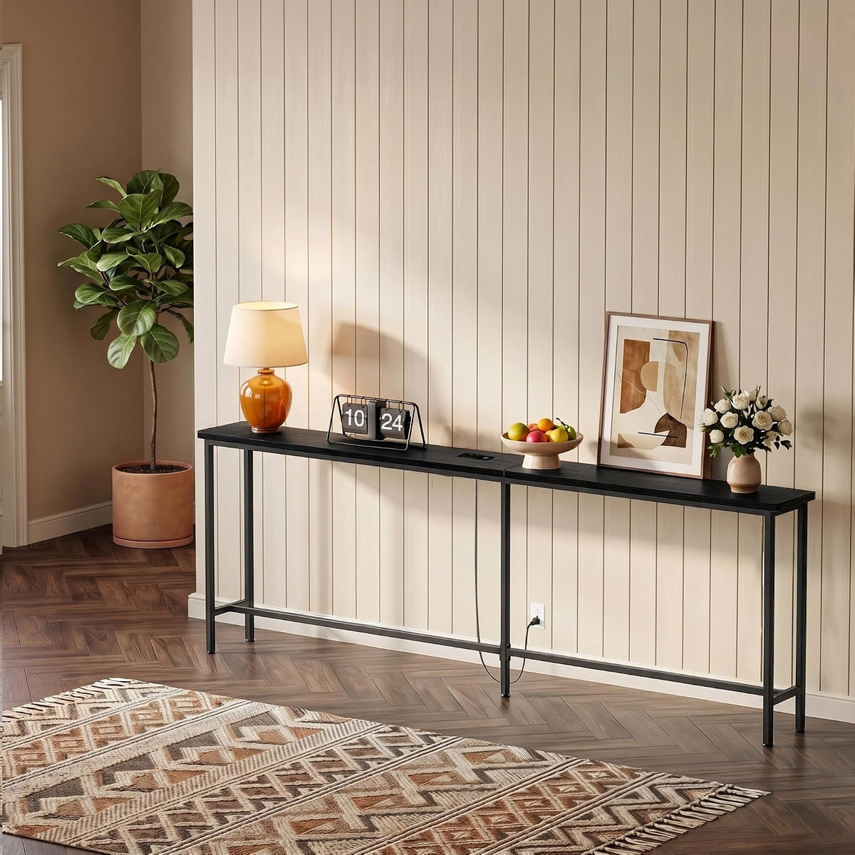 GRLEAF 90 Inch Narrow Sofa Table with Power Outlet, Extra Long Console Table Behind Couch Table with Charging Station, Skinny Entryway Table Thin Table for Living Room, Narrow Spaces (Black)