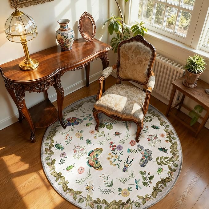 Washable Round Rugs for Bedroom 4ft: Living Room Rug Stain Resistant Non Slip