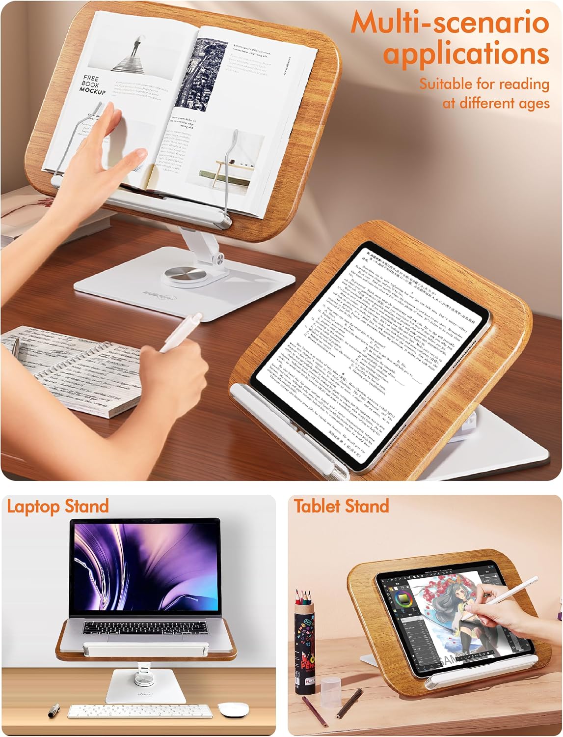 Book Stand for Reading, Adjustable Book Holder for Reading Hands Free, 360° Rotating Reading Stand, Large Rubberwood Cookbook & Bible Stand, Textbook Stand for Desk, Foldable Book Stand