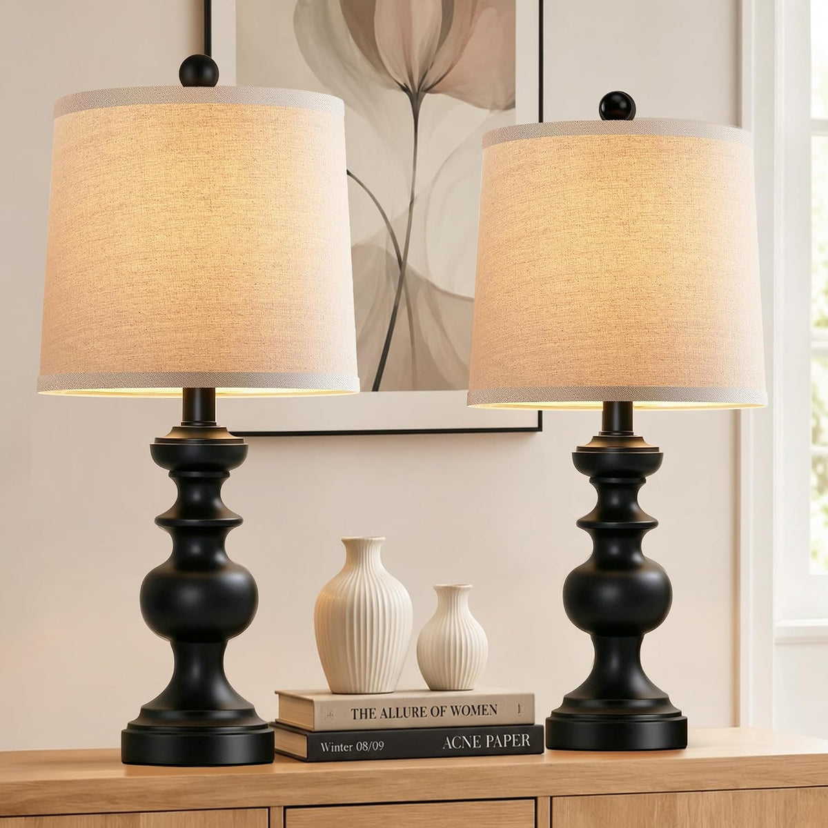 PARTPHONER Farmhouse Table Lamp Set of 2, Rustic Table Lamps for Living Room Bedroom, 22" Mid Century Modern Desk Lamp Bedside Nightstand Lamps with Linen Tapered Drum Shades, Matte Black