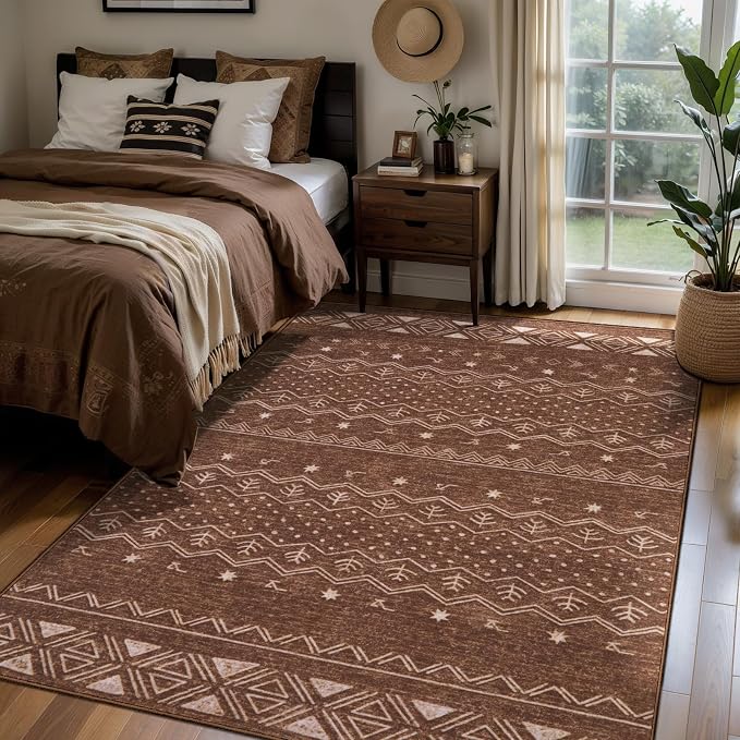 SERISSA 4x6 Area Rugs for Living Room, Washable Non-Slip Coffee Brown Boho Rug