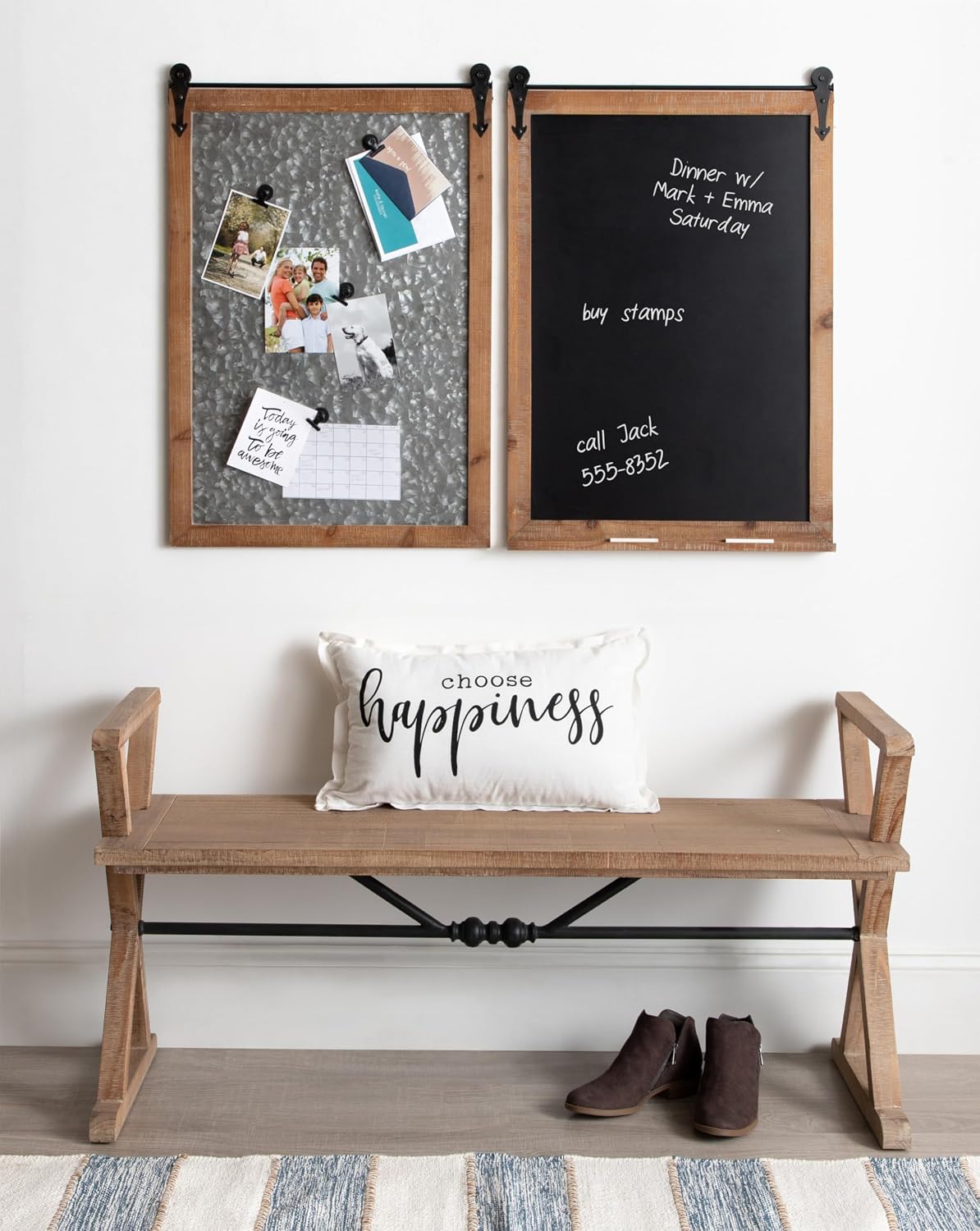 Kate and Laurel Cates Modern Farmhouse Barn Door Wood Framed Galvanized Metal Magnetic Memo Board, Rustic Brown