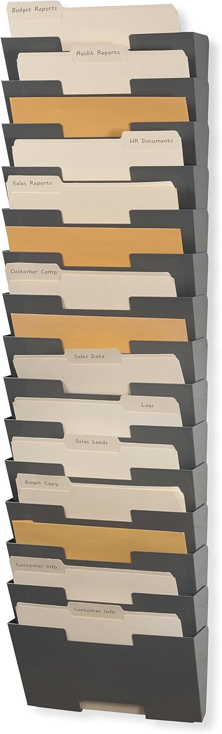 Wallniture Lisbon 15-Tier Wall Mounted File Holder and Desk Organizer, Metal Gray Office Organization and Storage Rack