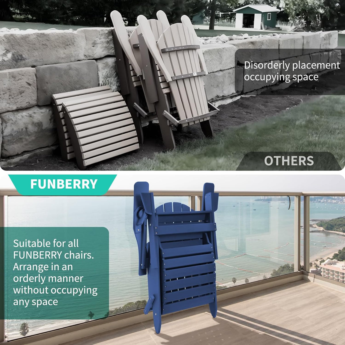 Folding Adirondack Ottoman Set of 2, Outdoor Foot Rest, Patio Footstool