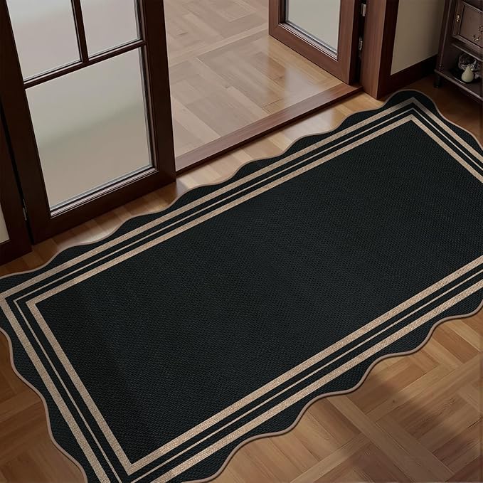 Scalloped Easy Jute Black Rug, 2x4 Front Door Washable Door Mat Non Slip Small