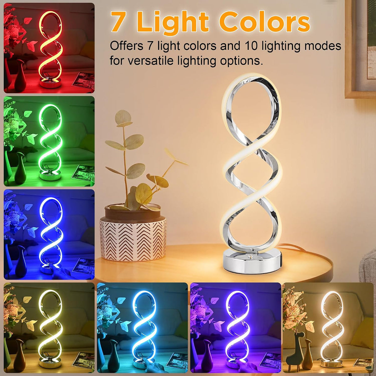 Modern Spiral LED RGB Table Lamp, Dimmable Touch, Small Nightstand Lamp