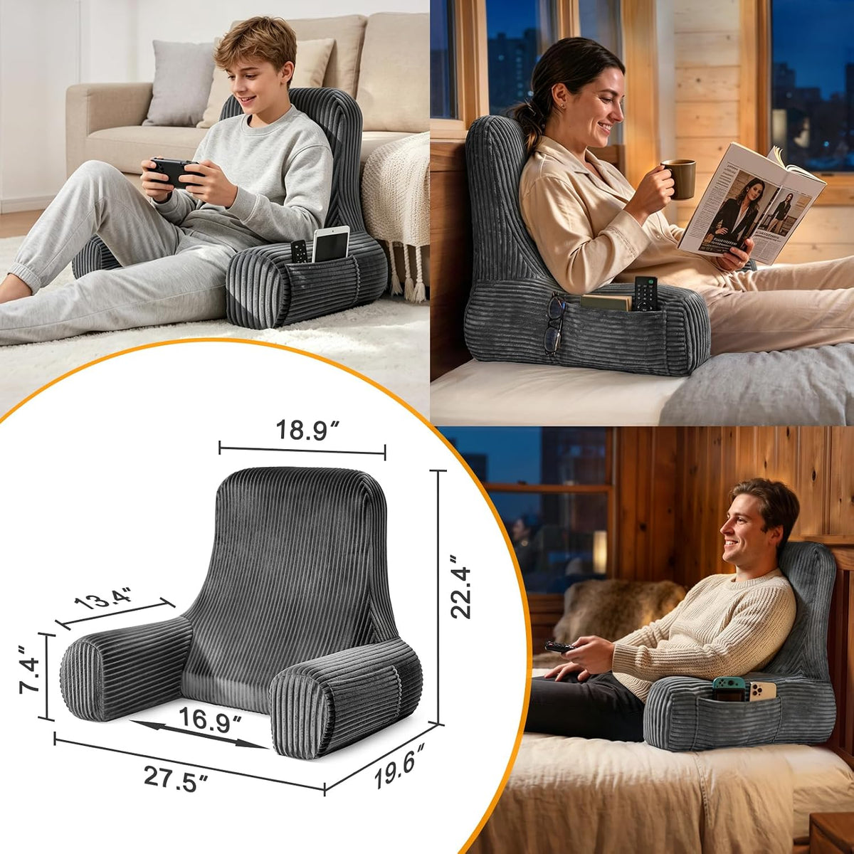 Reading Pillow for Bed Sitting Up, Back Support Pillow with Arms