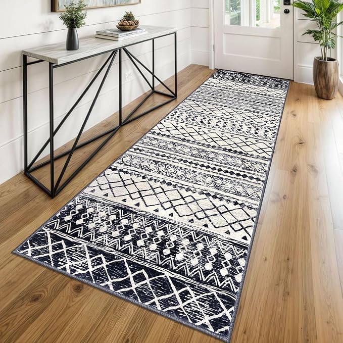 KUTA Moroccan Washable Runner Rug 2.6x8, Non-Slip Vintage Black Navy Blue Boho